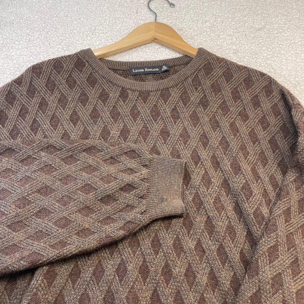 Lenor Romano Sweater Mens XL Brown 100% Merino Wool Diamond Knit Made in USA